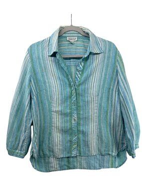 Coldwater Creek Women Top M Turquoise Stripe ButtonUp Roll-Tab-Slv Linen Classic